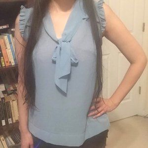 Soft Blue Ruffled Tie Front Blouse